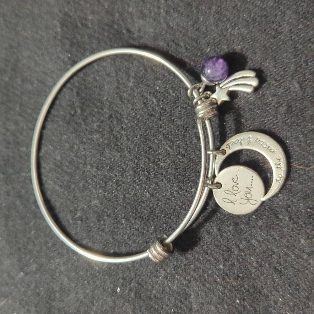 Silver Tone I Love You to the Moon and Back Amethyst Bead Expandable Bangle